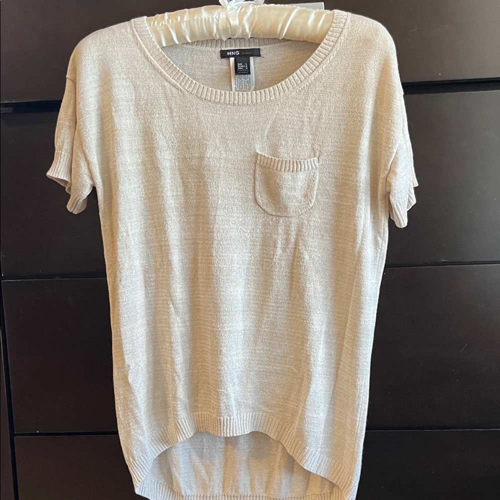 MNG Beige with gold metallic threads Short Sleeve Women's Tee